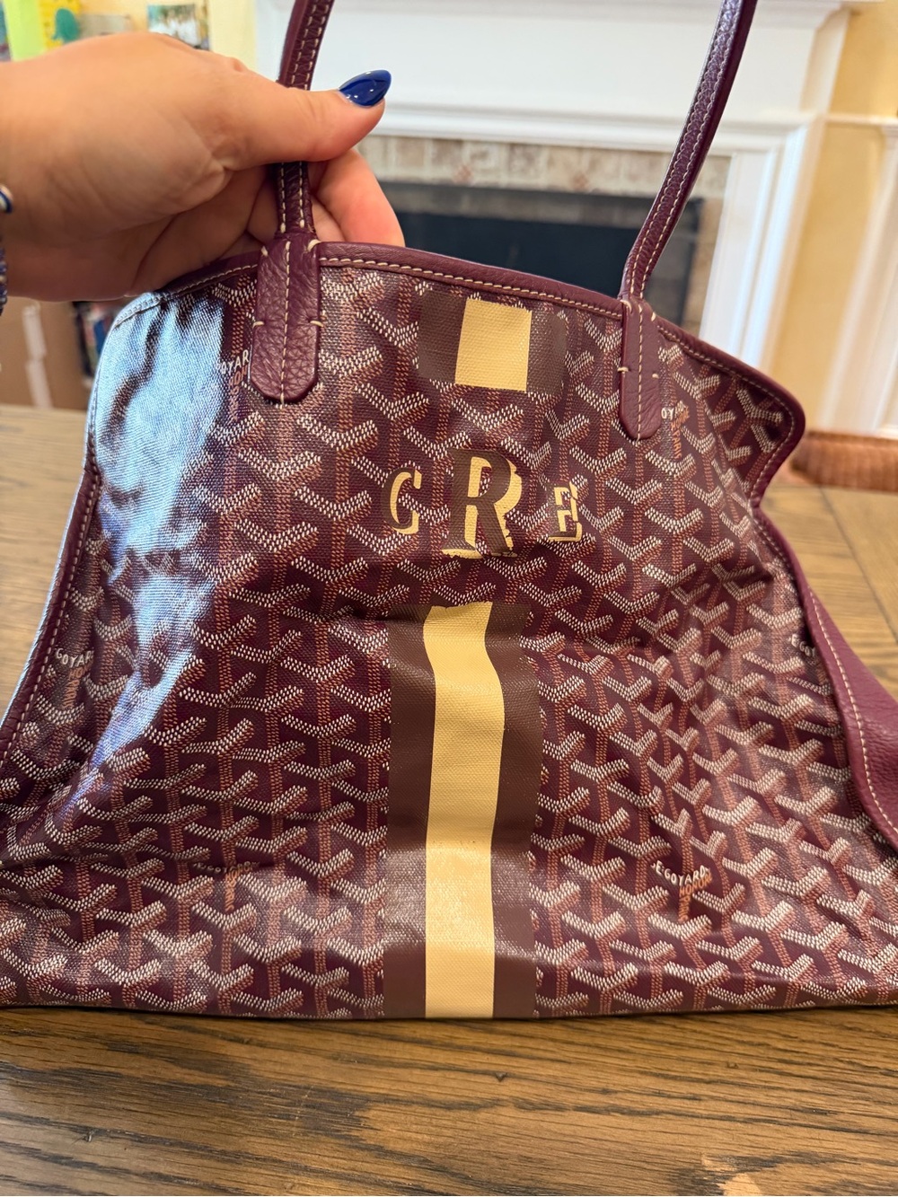 Goyard Monogram Pattern Burgundy Tote with Gold Stripe